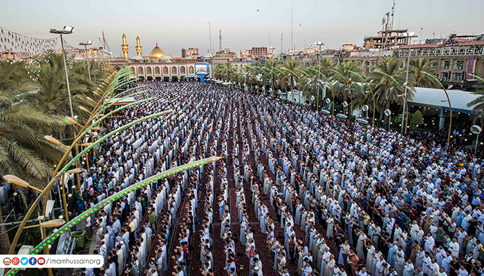 تصویر زیبا از نماز عید فطر در بین الحرمین کربلا