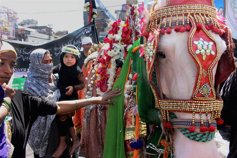 زن عزادار و کودکش در شهر بوپال هند، به اسب تمثیلی ذوالجناح ادای احترام 