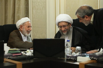 خوش و بش صمیمانه آیات یزدی و آملی لاریجانی+ عکس