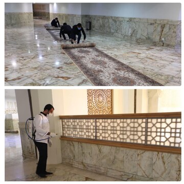 فرش‌های شبستان‌ها و رواق‌های حرم حضرت معصومه(س) به‌صورت مستمر ضدعفونی می‌شود