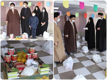 زوج طلبه ای که بسته های معیشتی را به نیازمندان هدیه مدهند