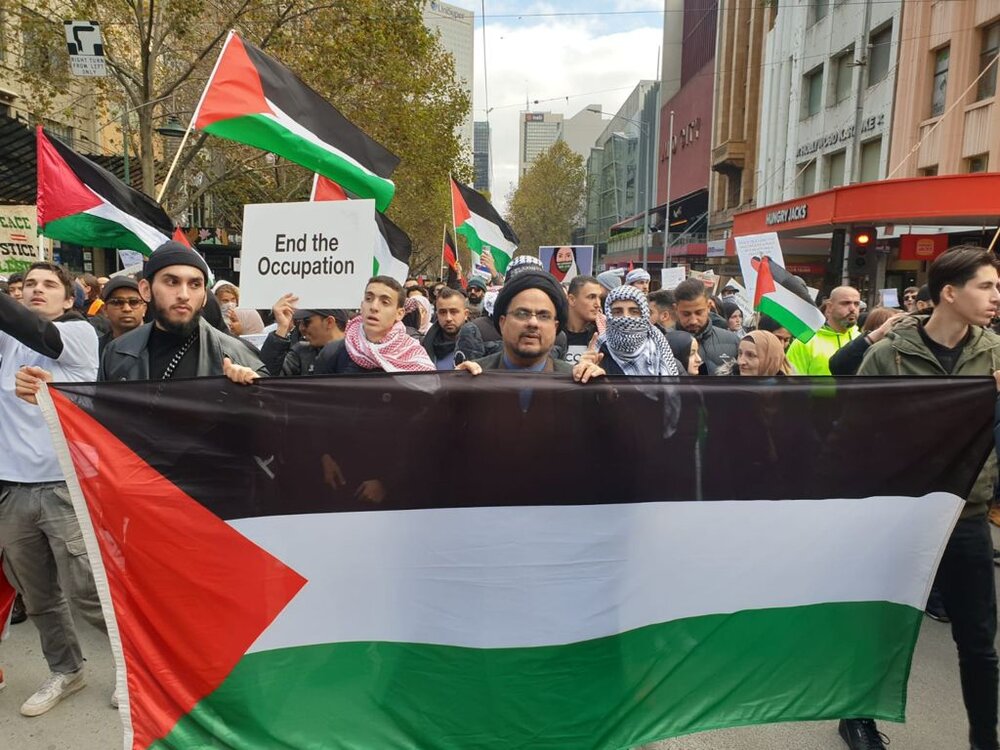 میلبورن میں مولانا ابوالقاسم رضوی کی زیر قیادت فلسطینیوں پر اسرائیلی جارحیت کے خلاف احتجاجی مظاہرہ 