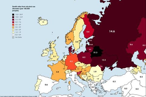 نقشه میزان مرگ و میر ناشی از الکل اروپا