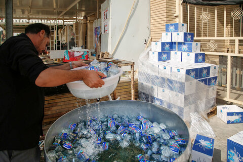 تصاویر/ توزیع آب آشامیدنی و یخ بین مواکب اربعین حسینی در عراق