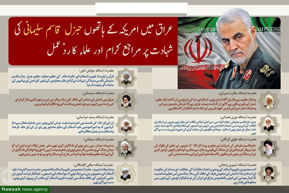 انفوگرافی/جنرل قاسم سلیمانی کی شہادت پر مراجع کرام اور علماء کا ردّ عمل