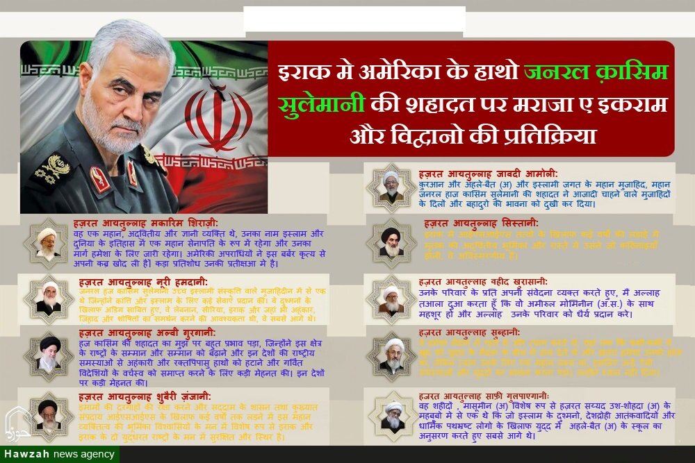इन्फोग्राफ/ जनरल कासिम सुलेमानी की शहादत पर मराजा ए इकराम और विद्वानों की प्रतिक्रिया
