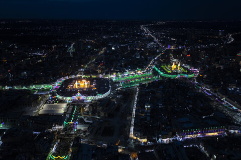 تصاویر هوایی از حرم امام حسین(ع) و حضرت عباس (ع) در شب نیمه شعبان