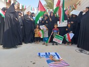 تصاویر/ تجمع طلاب مدرسه علمیه حضرت ام البنین(س) دلوار در اعتراض به جنایات رژیم صهیونیستی