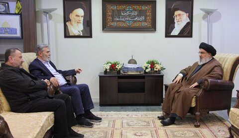 دیدار رهبران حماس و جهاد اسلامی فلسطین با دبیرکل حزب‌الله لبنان