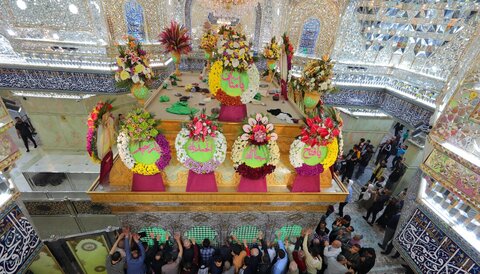 بالصور/ تزيين ضريح الإمام الحسين (ع) بأكاليل من الورد الطبيعي بذكرى ولادة الإمام الحسن المجتبى (ع)
