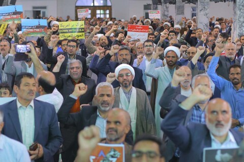 اجتماع مردمی محکومیت جنایات رژیم غاصب صهیونیستی در مسجد امام حسین (ع) بیرجند