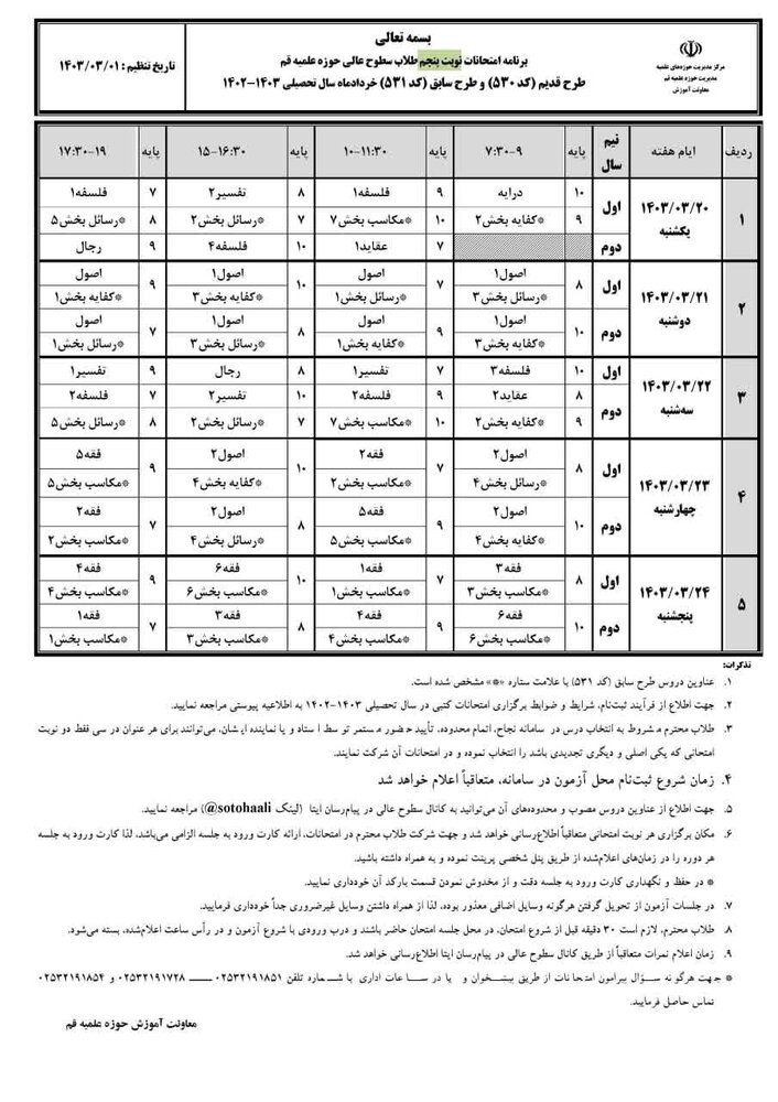 برنامه امتحانات نوبت پنجم طلاب سطوح عالی حوزه علمیه قم اعلام شد
