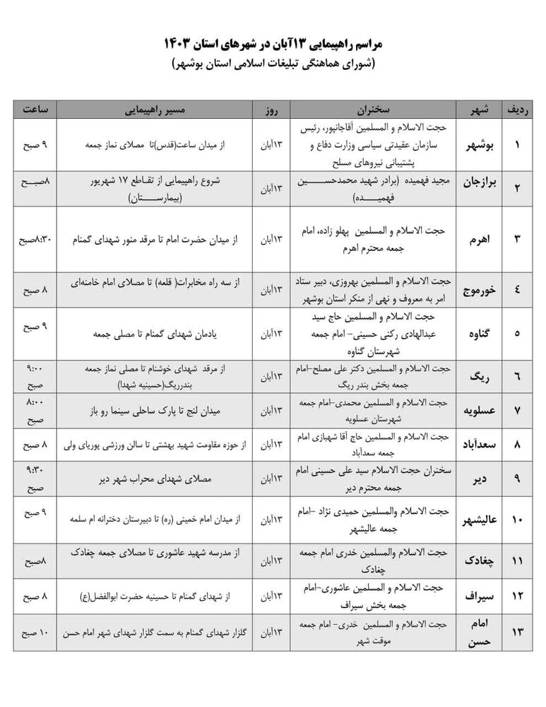 جزئیات مراسم راهپیمایی یوم الله 13 آبان در شهرهای استان بوشهر+جدول