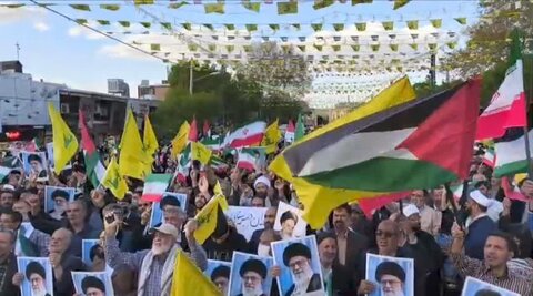 تصاویر/حضور طلاب و کادر مدرسه علمیه فاطمه زهرا سلام الله علیها اراک در اجتماع مردمی بر علیه جنایات رژیم صهیونیستی