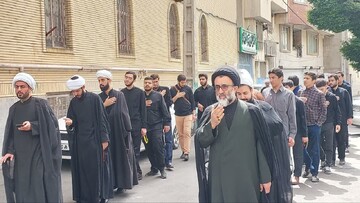 تصاویر/ دسته عزاداری مدرسه علمیه امام جعفر صادق(ع) شهریار در عزای صادق آل محمد(ص)