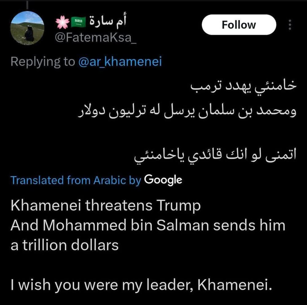 ابراز تمایل کاربر سعودی به رهبری آیت‌الله خامنه‌ای