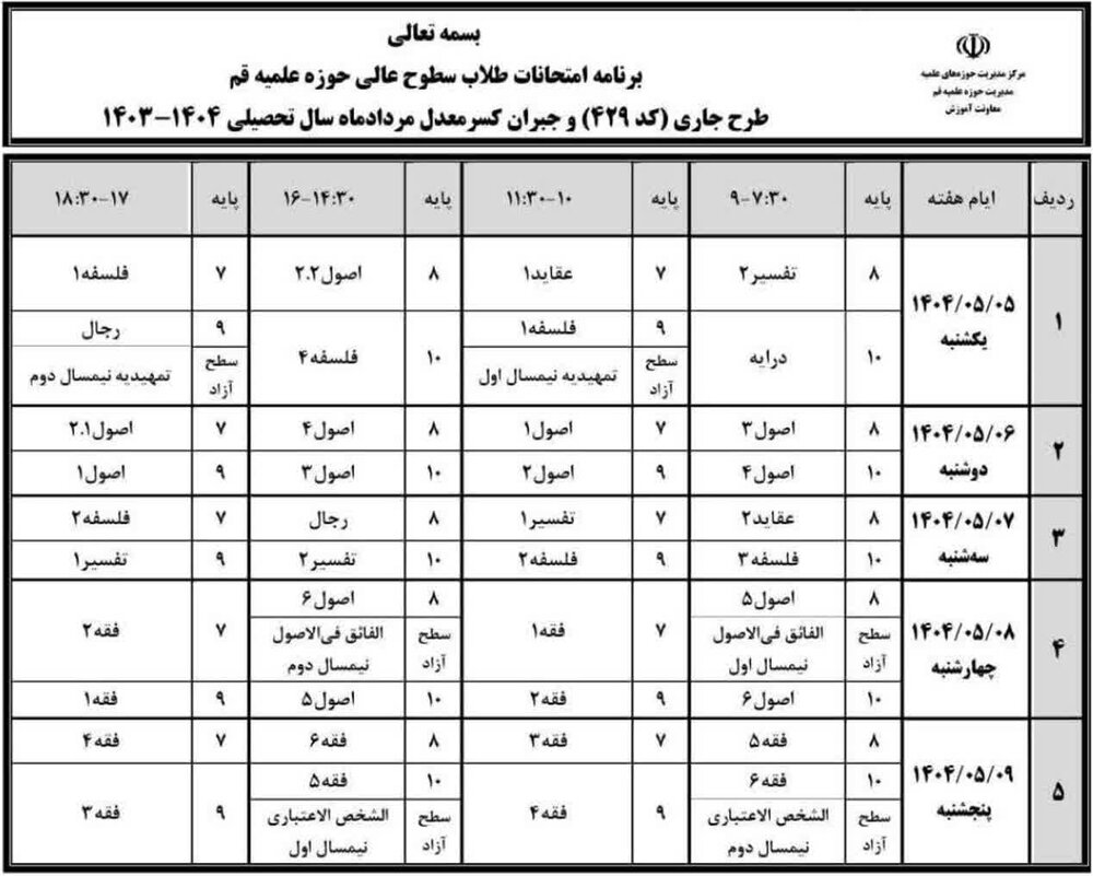 برنامه امتحانات مردادماه طلاب سطوح عالی حوزه علمیه قم اعلام شد