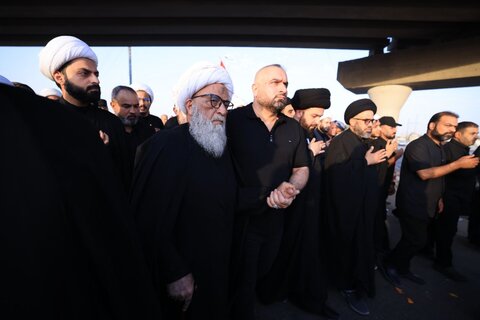 آیت الله العظمی بشیر نجفی در پیاده‌روی به سوی کربلای معلی در میان زائران امام حسین (ع)