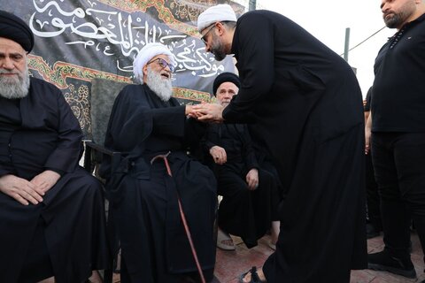 آیت الله العظمی بشیر نجفی در پیاده‌روی به سوی کربلای معلی در میان زائران امام حسین (ع)