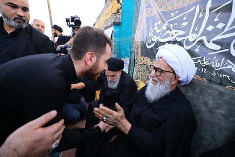 آیت الله العظمی بشیر نجفی در پیاده‌روی به سوی کربلای معلی در میان زائران امام حسین (ع)