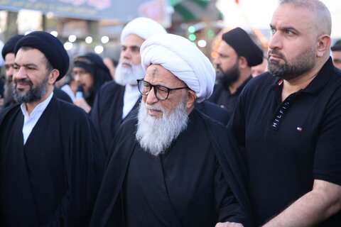 آیت الله العظمی بشیر نجفی در پیاده‌روی به سوی کربلای معلی در میان زائران امام حسین (ع)