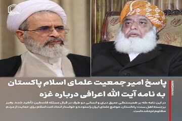 عکس نوشت| پاسخ امیر جمعیت علمای اسلام پاکستان به نامه آیت الله اعرافی درباره غزه