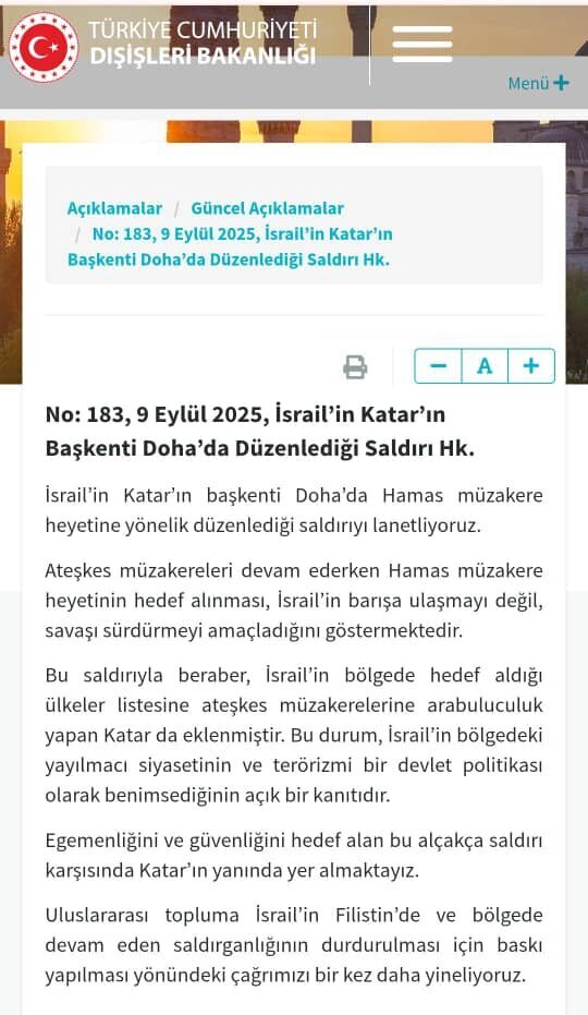 El Ministerio de Exteriores de Turquía condena enérgicamente el ataque de Israel contra Catar