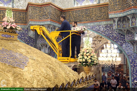 تزيين ضريح السيدة فاطمة المعصومة (ع) بالأزهار في ذكرى يوم وصولها إلى مدينة قم المقدسة