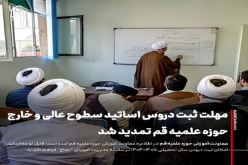 عکس نوشت| مهلت ثبت دروس اساتید سطوح عالی و خارج حوزه‌ علمیه قم تمدید شد