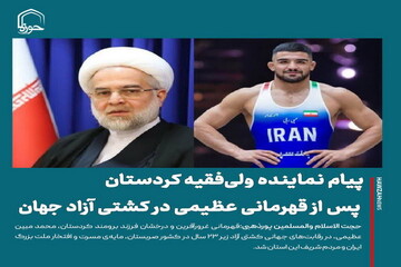 عکس نوشت| پیام تبریک نماینده ولی‌فقیه در کردستان در پی قهرمانی «عظیمی» در مسابقات جهانی کشتی آزاد