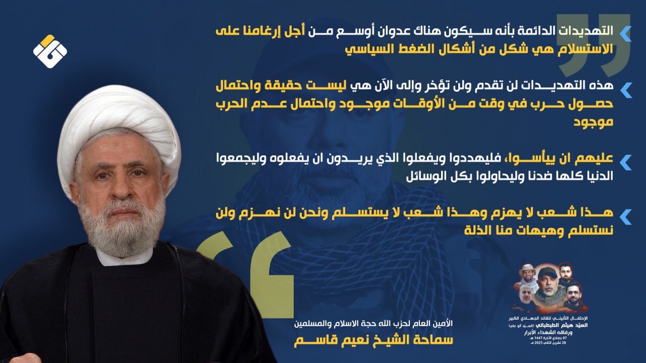 الشيخ نعيم قاسم: سنكون أحراراً في أرضنا ولن نقبل العبودية والذل