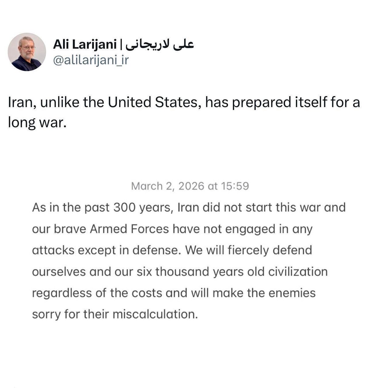علی لاریجانی: ایران برای یک جنگ طولانی آماده است