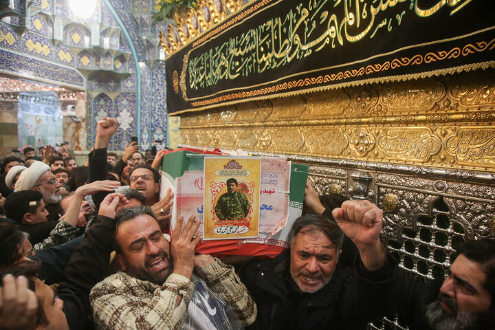 وداع با پیکر مطهر ۵ شهید حملات آمریکایی صهیونی در حرم بانوی کرامت