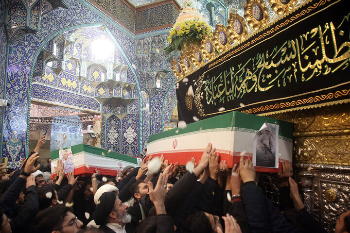 وداع با پیکر مطهر ۵ شهید حملات آمریکایی صهیونی در حرم بانوی کرامت