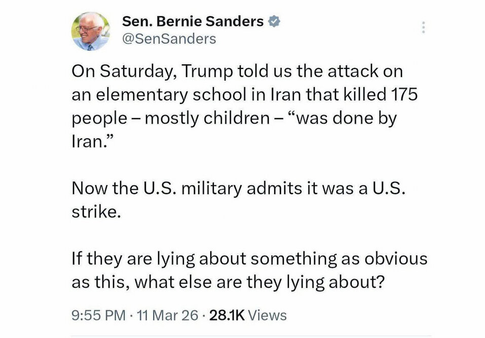Bernie Sanders denuncia le spudorate menzogne di Trump sul massacro di bambini a Minab