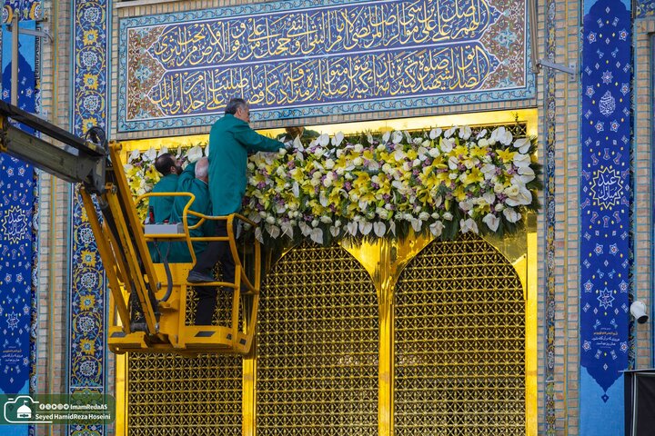 الحرم الرضوي المبارك يتزين بالزهور الطبيعية استعدادًا لذكرى ولادة الإمام الرؤوف