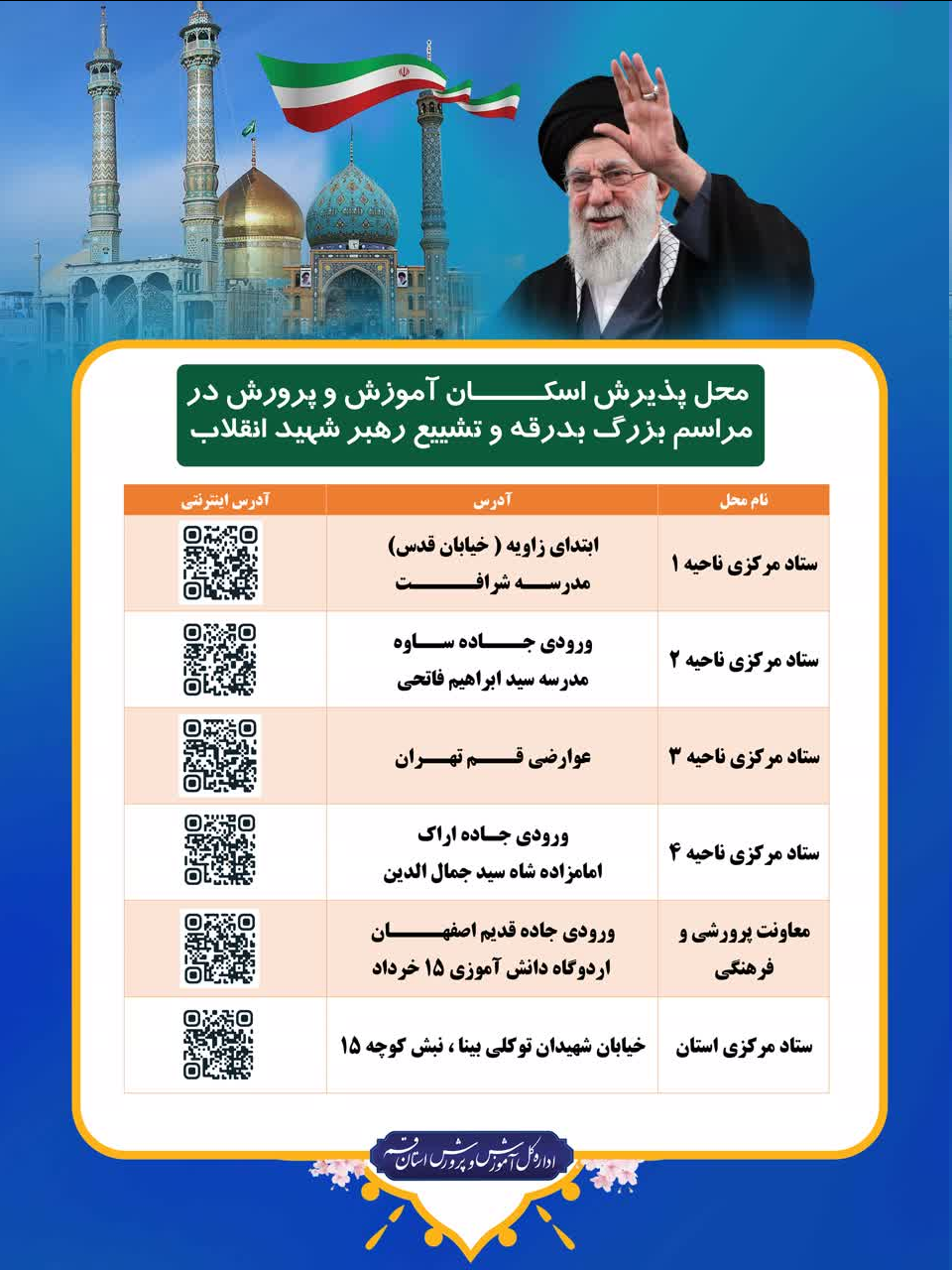 اعلام مشخصات پایگاه های پذیرش اسکان آموزش و پرورش استان قم