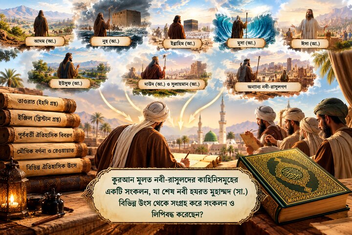 পবিত্র কুরআন মূলত নবী-রাসূলদের কাহিনিসমূহের একটি সংকলন, যা শেষ নবী হযরত মুহাম্মদ (সা.) বিভিন্ন উৎস থেকে সংগ্রহ করে সংকলন ও লিপিবদ্ধ করেছেন?