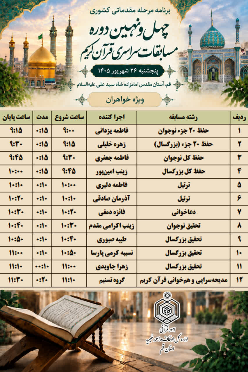 برگزاری مرحله مقدماتی کشوری رشته‌های آوایی چهل‌ونهمین دوره مسابقات قرآن کریم در قم