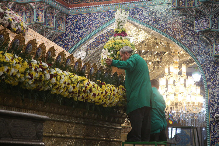 تزيين ضريح السيدة فاطمة المعصومة (عليها السلام) بالورود في ذكرى ولادة العقيلة زينب (عليها السلام)