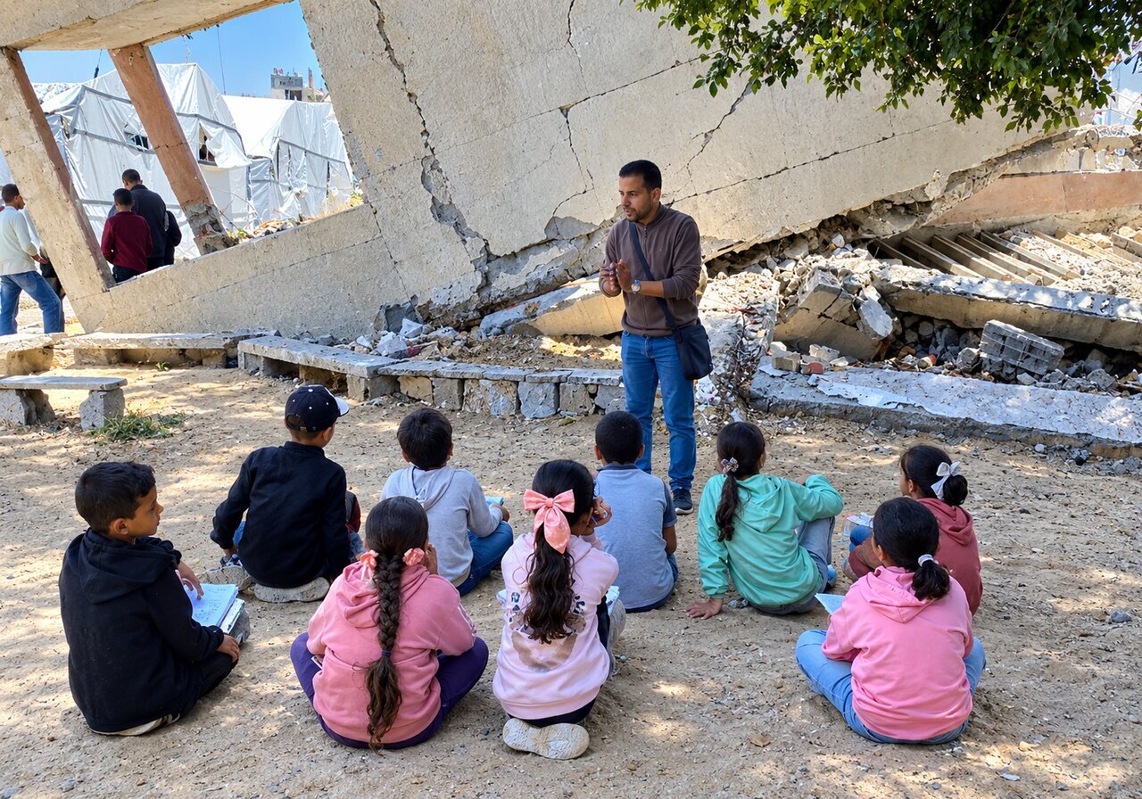 Gaza teacher turns ruins into classroom, vows war will not kill children's dreams
